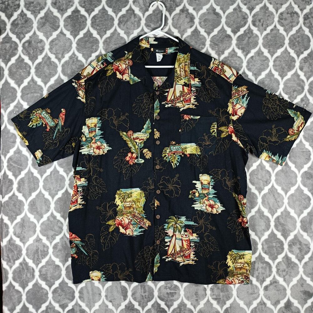 Reebesse Hawaiian Shirt Mens 4XL Black Cocktail Aloha‎ Tropical Made USA
